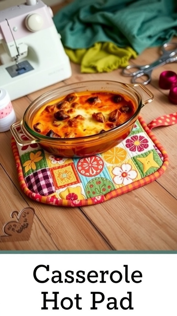 A colorful quilted casserole hot pad on a wooden table with a casserole dish.